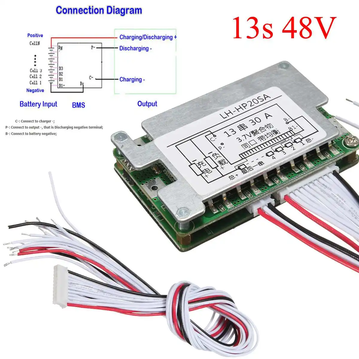 

48V BMS 13S Li-ion Battery 30A Lithium Battery Protection Board Balance + Wire Board Module 70x45x15mm New Arrival