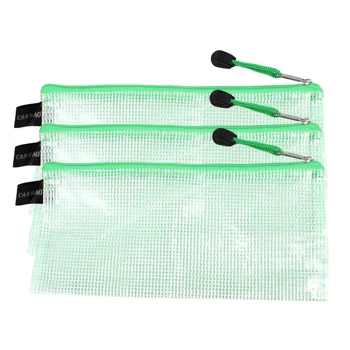 

School Office with Zipper of Records Pen Receipts Bag Transparent Green 3 Pieces
