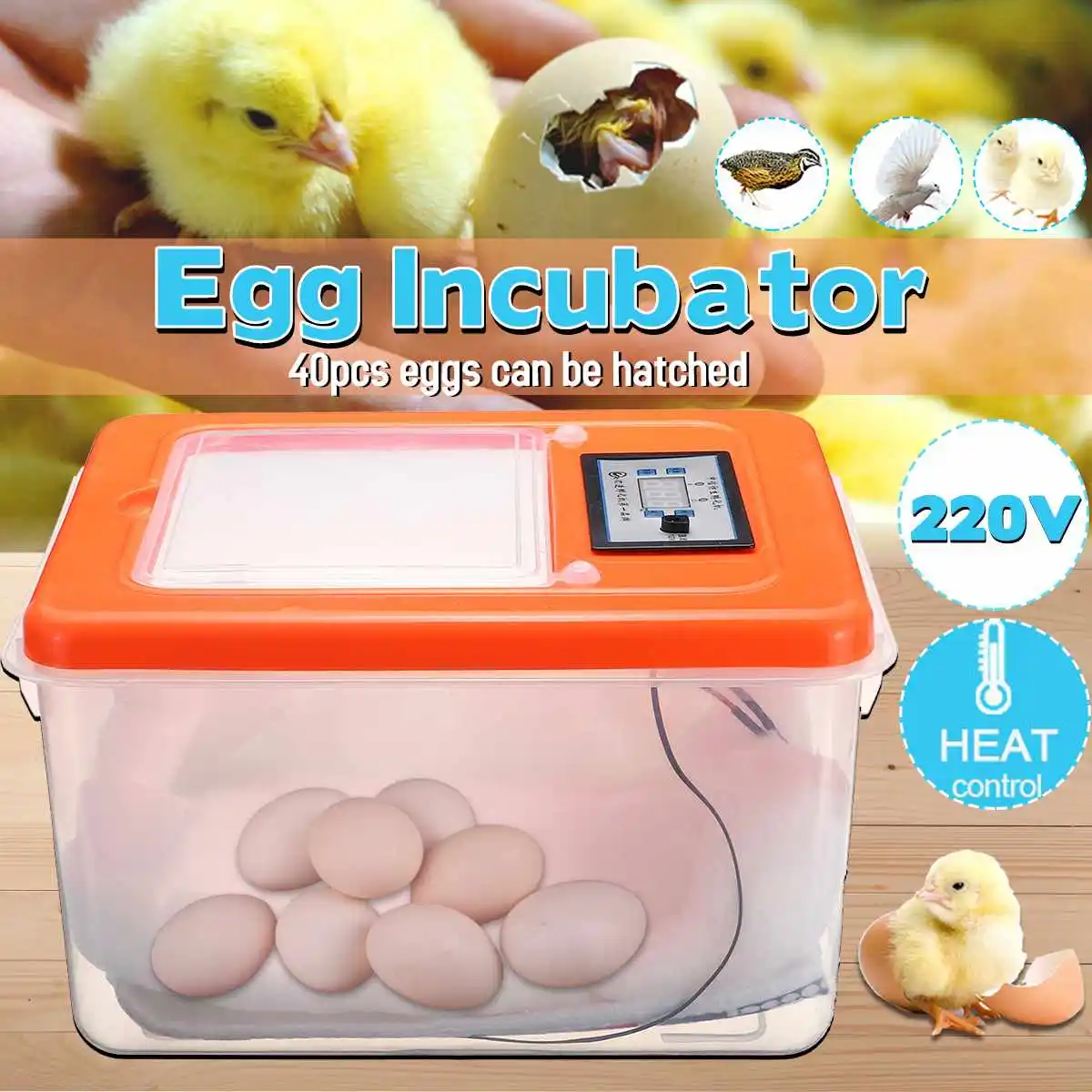 40pcs Egg Incubator Digital Automatic Cock Poultry Hatcher Temperature Control Good Insulation Performance Foam + Plactic
