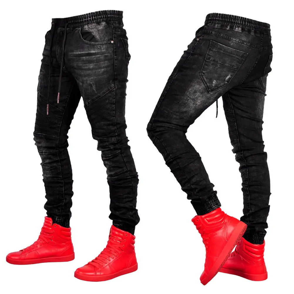 Мужские узкие джинсы с эластичной резинкой на талии, черные джинсы, узкие брюки, модные повседневные джинсовые штаны