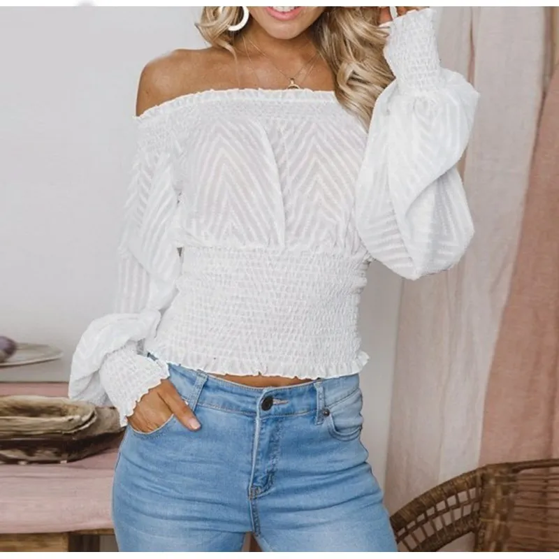 Women Summer Spring Off Shoulder Ruffle Blouse Ruffles Lantern Sleeve Solid Draped Tops Casual Long Sleeve Shirt