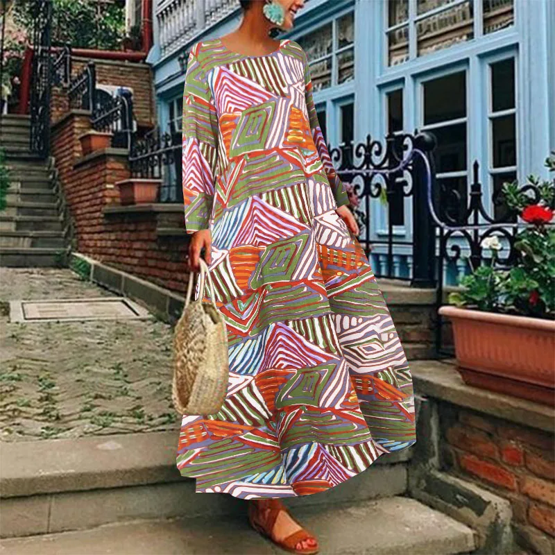 

ZANZEA Women 's Summer Sundress 2019 Autumn Dress Ladies Long Sleeve Bohemian Vestidos Floral Print Long Maxi Robe Large Size