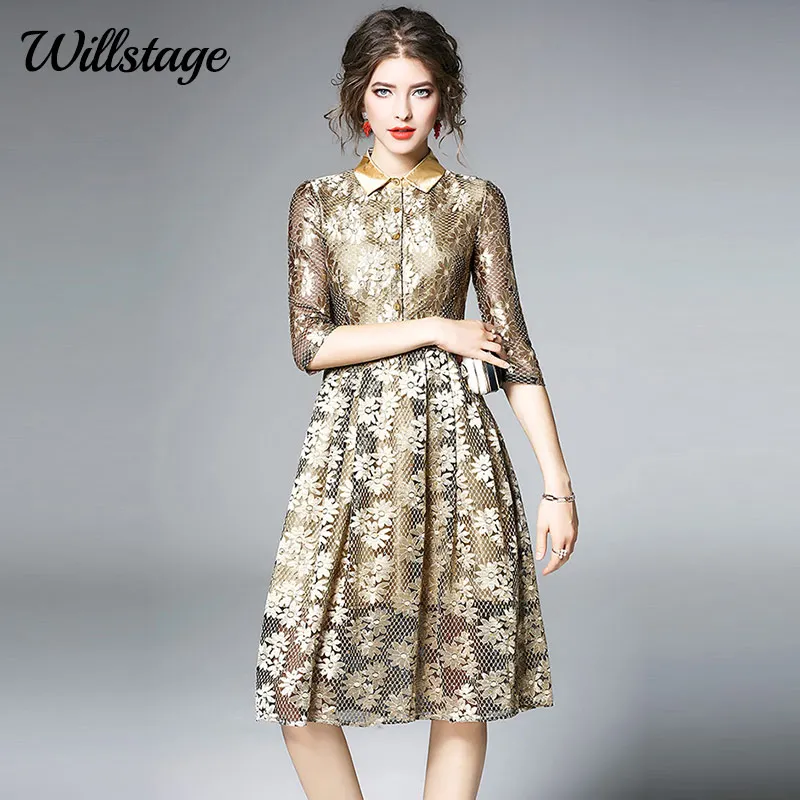 

Willstage Golden Lace Dress Elegant High Quality Sequins Dresses Women Sexy Hollow out Party Dress 2019 Spring Fashion vestidos