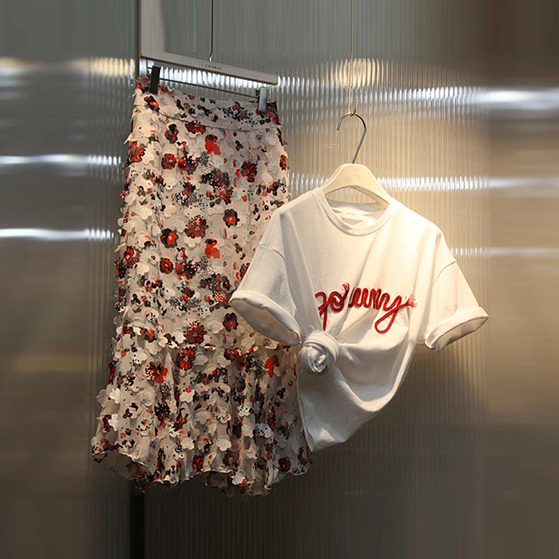 

[EWQ] New Pattern Of 2019 Spring Summer Round Collar Short Sleeve Petal Bag Hip Skirt Casual Suit Women Fashion Tide AD95400.2XL