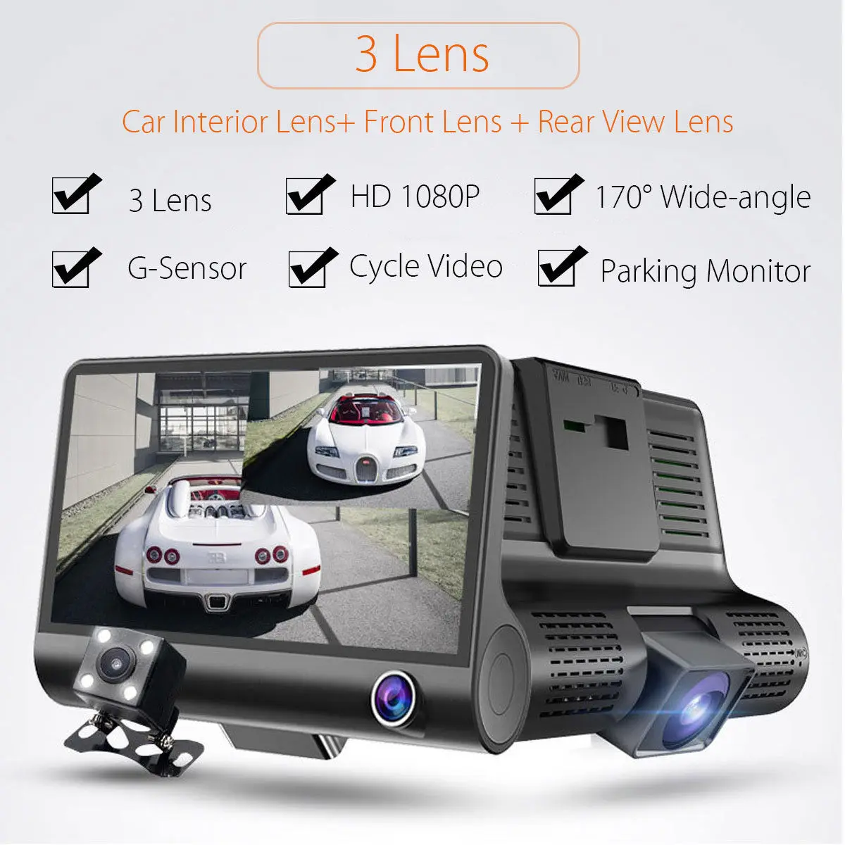 

4'' 1080P HD 170° 3 Lens Car DVR Dash Cam G-sensor Recorder And Rearview Camera New