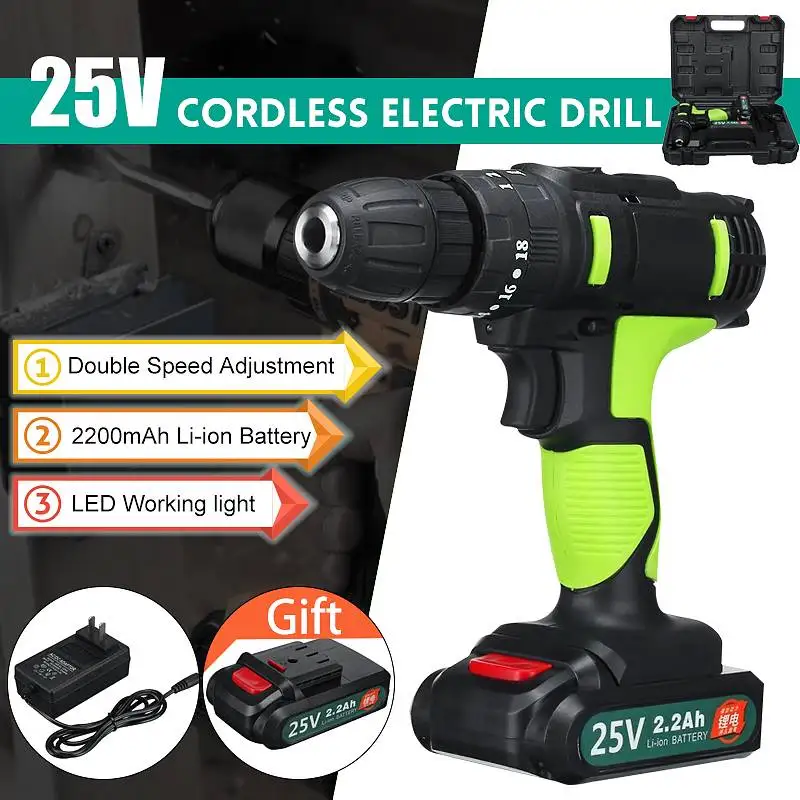 

Electric Hand Drill Impact Drill 25V Battery Cordless Hammer Drill Electric Screwdriver Home DIY Power Tools+ 2 Li-ion Battery