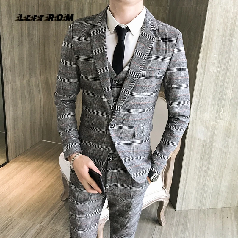 (Jacket+Vest+Pants) Plaid Mens Wedding Suit Male Blazers Slim Fit Suits for Men Costume Business Formal Party Classic Gray/Navy
