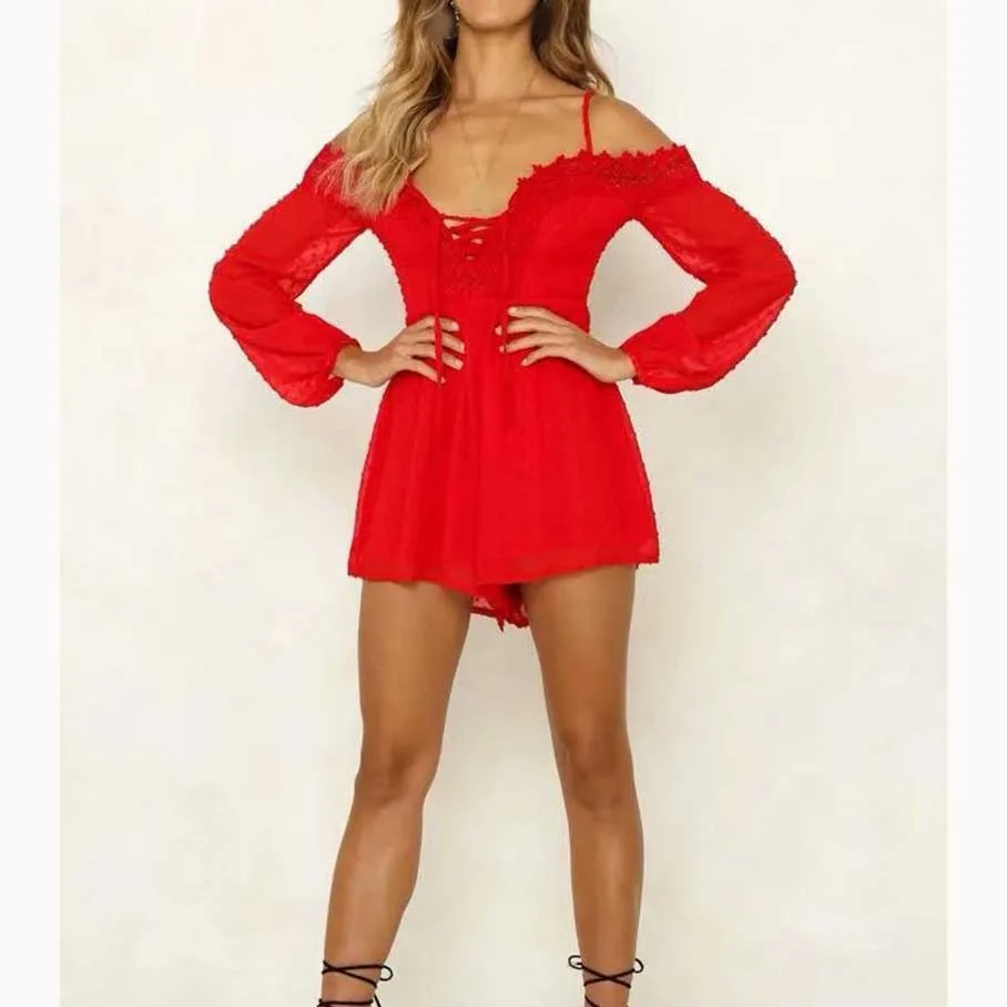 Casual Women White Rompers Embroidery Lace Spaghetti Strap Long Sleeve Sexy Playsuit Female Short Jumpsuit Rompers Casual Women White Rompers Embroidery Lace Spaghetti Strap Long Sleeve Sexy Playsuit Female Short Jumpsuit Rompers