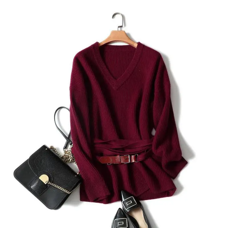 

Shuchan Women Winter Top 2018 Korean 100% Cashmere Women's Sweater V-neck Sashes Thick Warm Knitted Sweater For Women 18404
