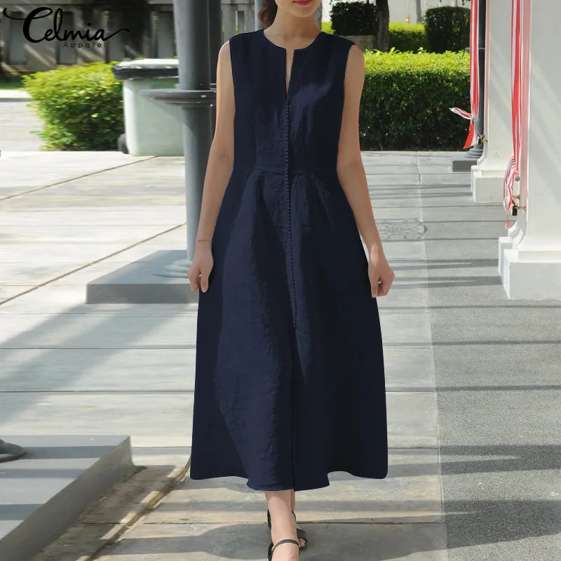 

S-5XL Celmia Vintage Women Maxi Dress 2019 Summer Sexy V Neck Sleeveless Long Shirt Dress Belted Loose Party Vestidos Ocersized