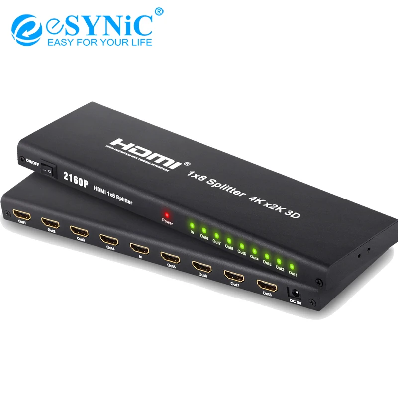 

Esynic HDMI Splitter 4K 8 Way HD Hub Smart Splitter 1X8 HDMI Splitter Adapter 3D Active Amplifier Switcher for HDTV Projector