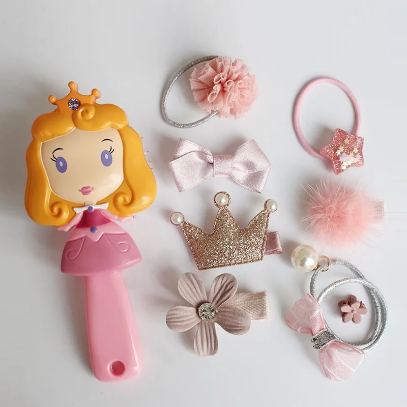 Disney Comb Headwear Set Princess Snow White Frozen Elsa Aurora Ariel Rapunzel Cartoon 3D Air Cushion Comb Head Rope Hair Set