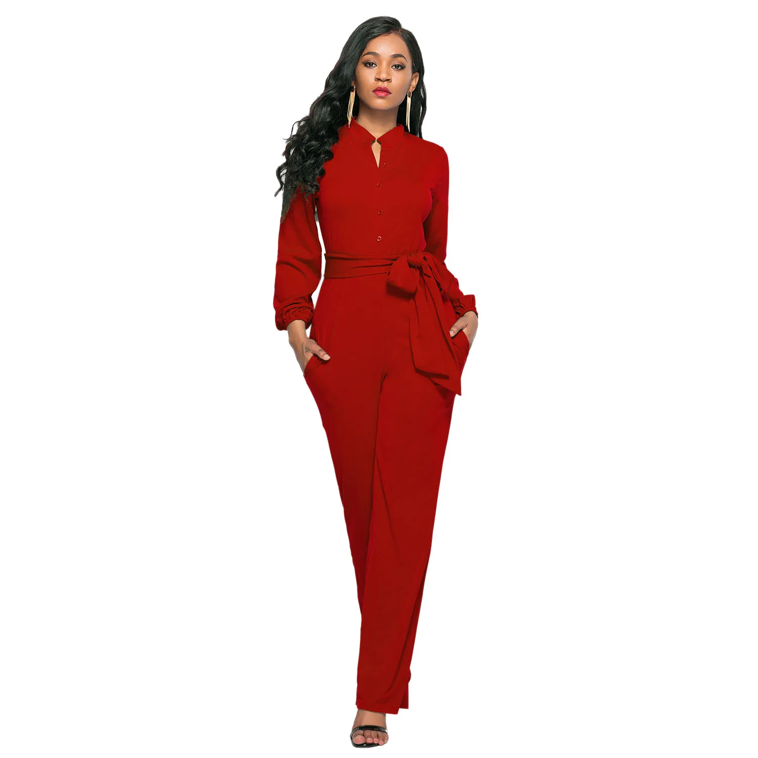 Women office Sexy V neck long Sleeve Button jumpsuits Wide Leg Pants