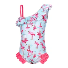 Летний купальник для маленьких девочек, один купальный костюм с открытыми плечами, Детский бикини с рисунком фламинго, цельный пляжный купальный костюм одежда для плавания