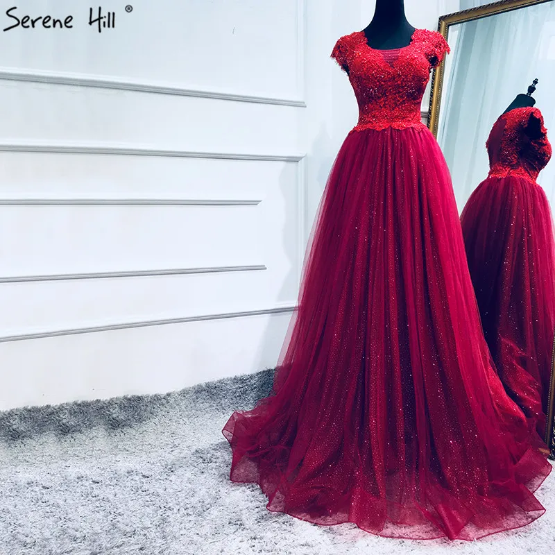 

Wine Red Sleeveless Tulle Ball Gown 2019 Evening Dresses Crystal Pearls Sexy Evening Party Dress Real Photo LA6626