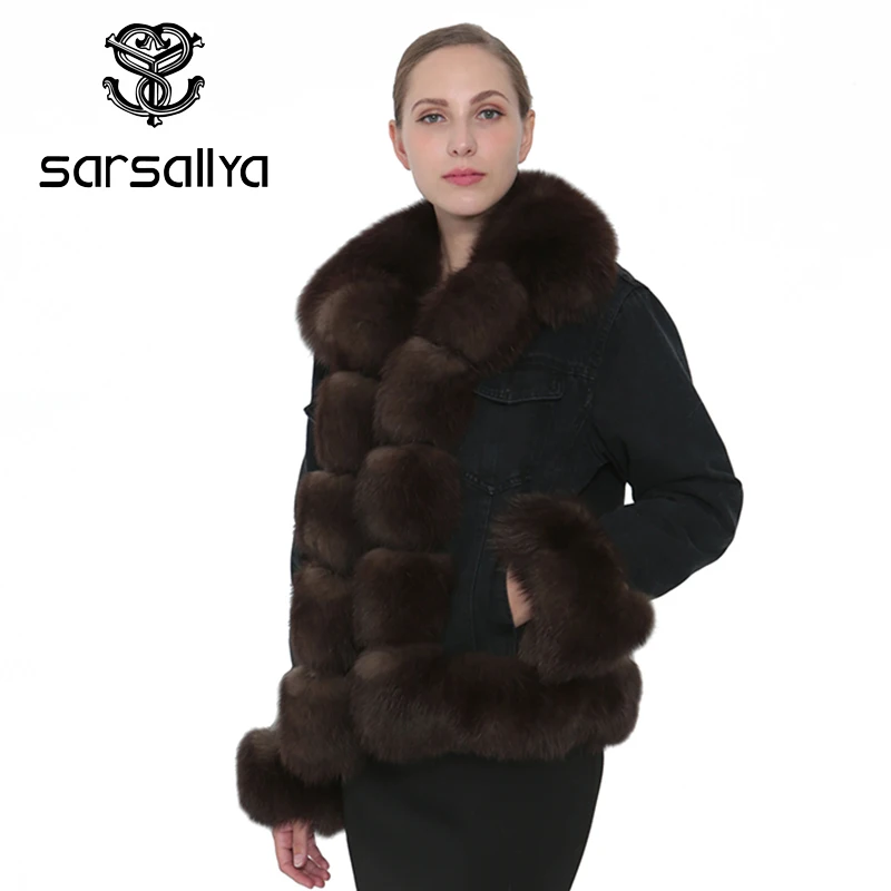 

SARSALLYA Natural Real Fox Fur Denim Jacket Women Coat Parka Fur Collar Overcoat Winter Warm Women Clothing Parka Coat