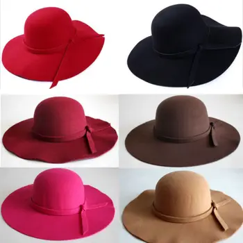 

Vintage Lady Womens Wide Brim Wool felt Hat Floppy Felt Bowler Cloche Cap