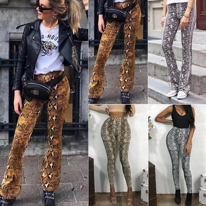 

Women's Fashion Snake Print Trousers Casual Wide Leg High Waist Long Stretch Boho Pants S-L