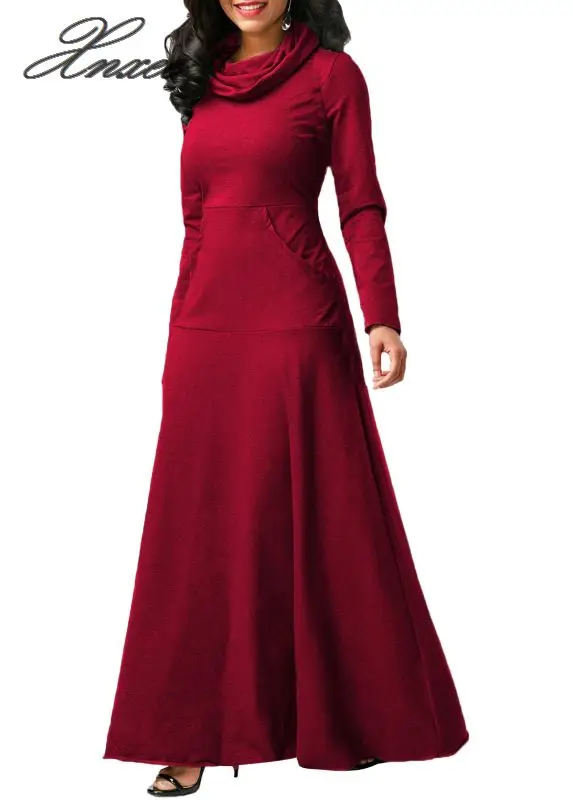 S-5XL женское платье с длинным рукавом большого размера Элегантное Длинное Платье Макси осеннее теплое женское платье с высоким воротом с карманом размера плюс