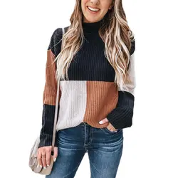 Лоскутное зимний свитер Для женщин 2018 джемпер с длинными рукавами Для женщин свитер и пуловер вязаный свитер женский тянуть роковой
