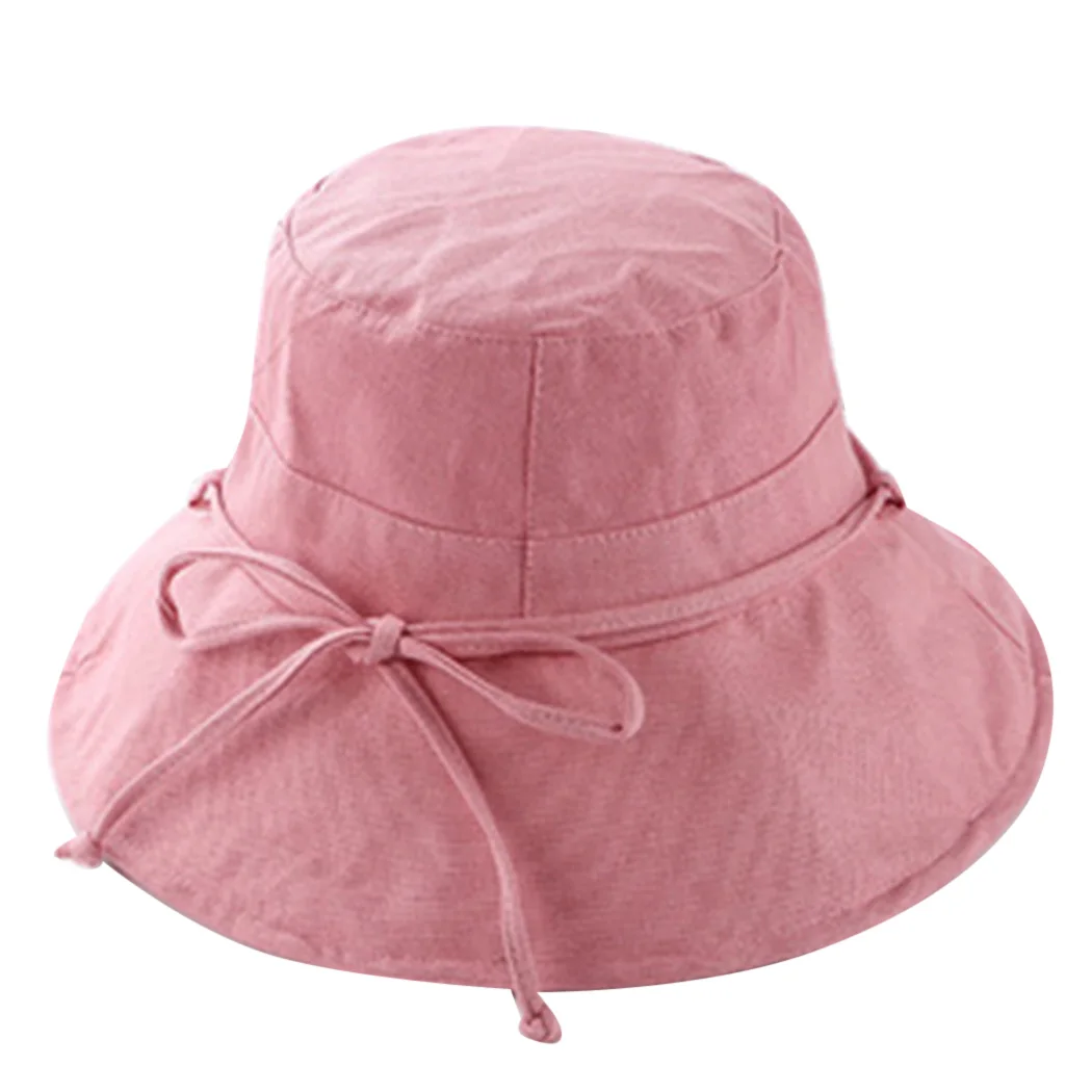 Summer Women Bucket Hat Cotton Linen Wide Large Brim Sun Caps With Bow