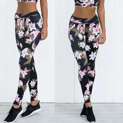 

Women High Waist Fitness Leggings Long Trousers Black Floral Slim Leggings