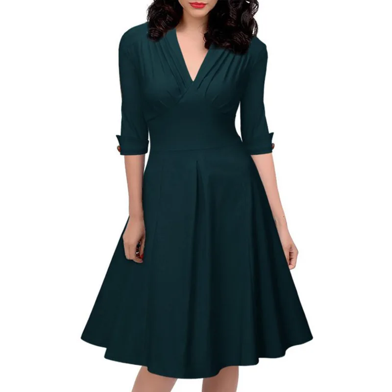 

2019 Autumn And Spring Half Seelves With Buttons Ruched Ball Gowns Loose Elegent Dress Casual Summer Dress Women V Neck