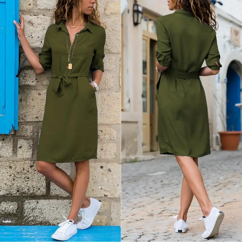 

Women Autumn Vintage Shirt Dress With Belt Turndown Collar Three Quarter Sleeve Casual Knee-length Army Green/Black Dress