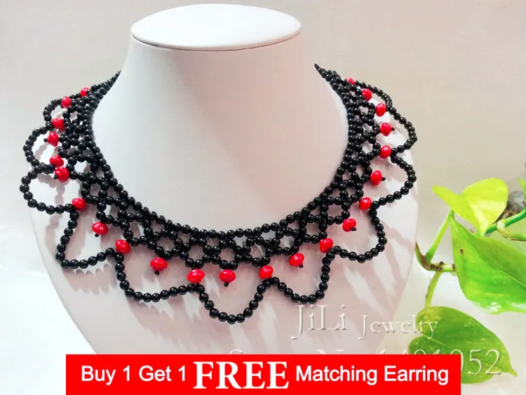 

LiiJi Unique Rococo Style Black Agates Red Jaspers with jades Toggle Clasp Handmade Knitting Necklace for Wedding Jewelry