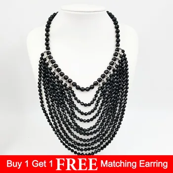 

Lii Ji Natural Stone Black Agate Tassel Statement Jade Toggle Clasp Necklace 48cm