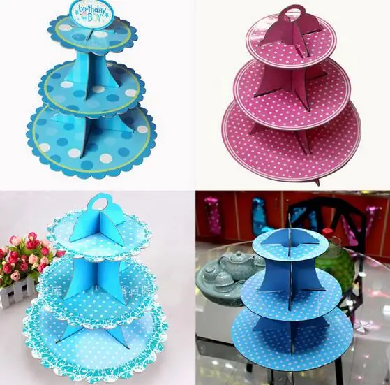 

Non-toxic 3 Tier Wedding Birthday Cardboard Cupcake Paper Stand Plates Party Muffin Pink Blue Color Cake Holder Lunch Tea Time
