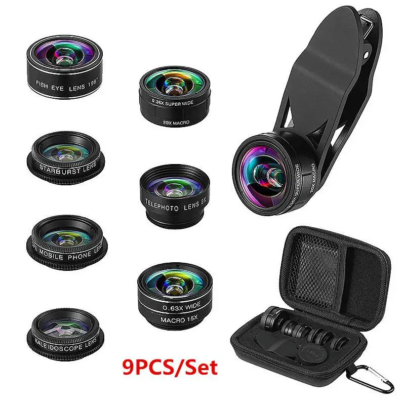 

9 in 1 Phone Camera Lens 2X Zoom Lens 0.36X Super Wide Angle Lens 198° Fisheye Len s + 15X & 20X Macro Len s CPL Kaleidosc r25