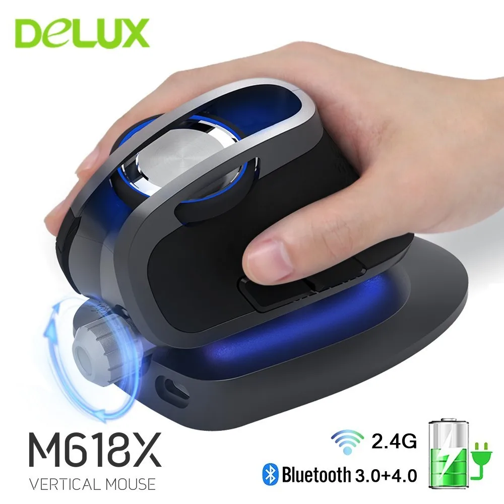 Delux M618X Беспроводная 2,4 ГГц+ Bluetooth 3,0/4,0 многомодовая мышь перезаряжаемая эргономичная Вертикальная игровая мышь USB оптические мыши