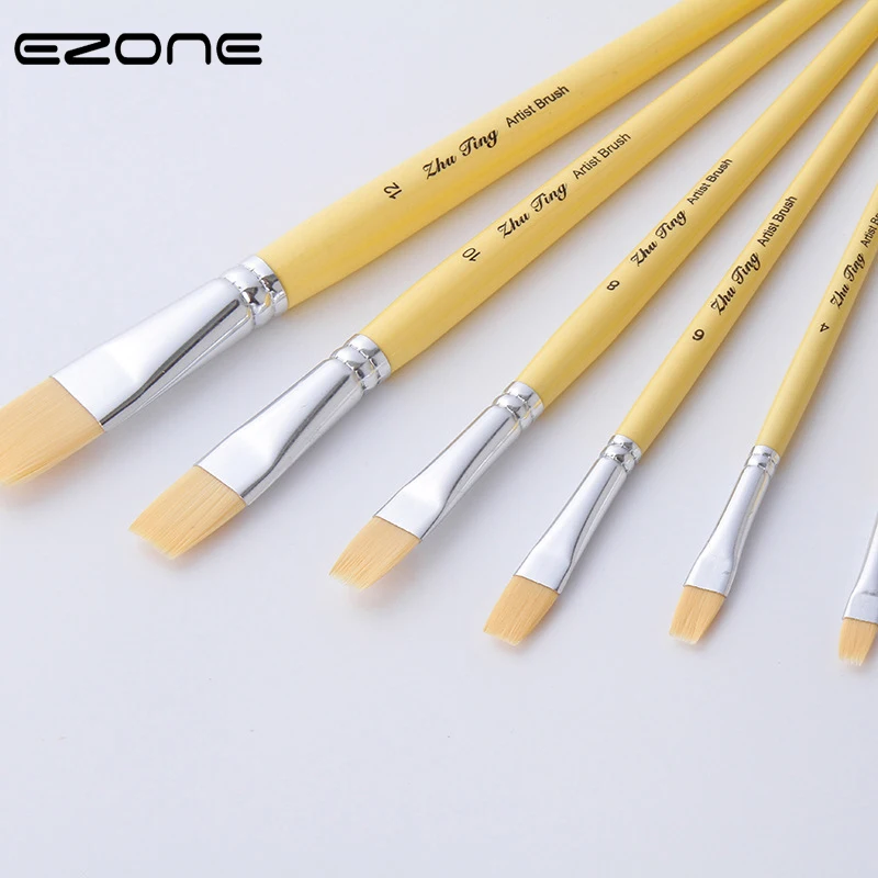 

EZONE 6PCS Paint Brush For Watercolor Oil Painting Wooden Handel Nylon Hair Flat Brush Gouache Acrylic Drawing School Supply