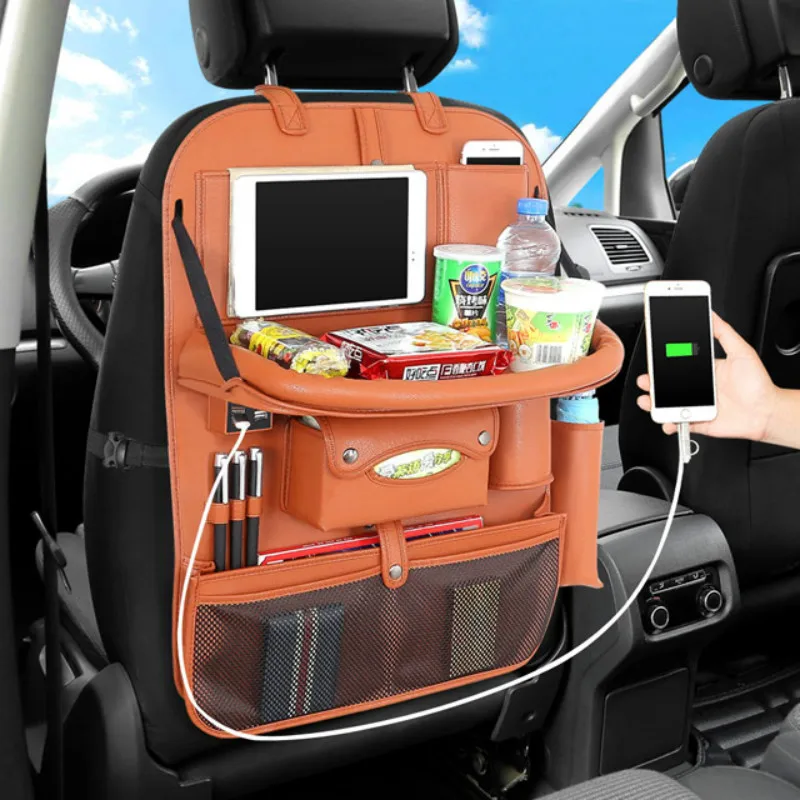 

4 USB Car Seat Back Organizer Bag Leather Carbon Fiber Storage Folding Board Stowing Tidying Universal Car Interior Accessories