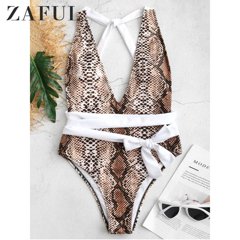 snakeskin print deep v plunge one piece swim