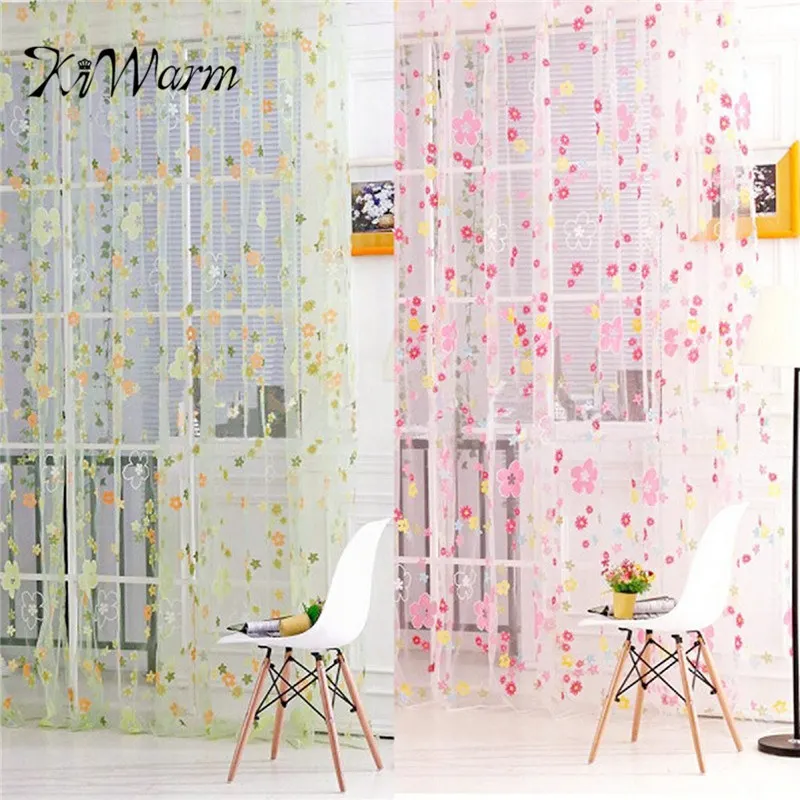 

KiWarm 2 Colors Chinese Embroidery Flower Design Fresh Window Voile Curtain Sheer Hanging Screens For Living Room Pastoral Style