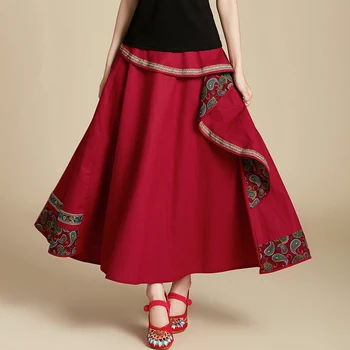 

New Elegant Women Skirt Mid Waist Ankle-Length Skirt Vintage A Line Skirt Summer Floral Print Cotton Linen Skirt