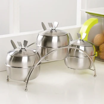 

7Pcs/Set Kitchen Supplies Apple Shape Stainless Steel Condiment Pot Spice Container Salt Sugar Bowl Serving Jars Pot Spoons