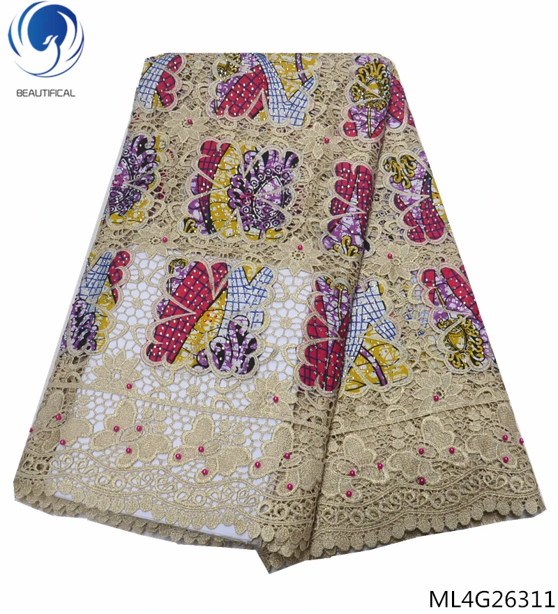 

BEAUTIFICAL cord lace fabric guipure laces fabrics with wax fabric and beads 2019 water soluble laces dress 5yards/lot ML4G263