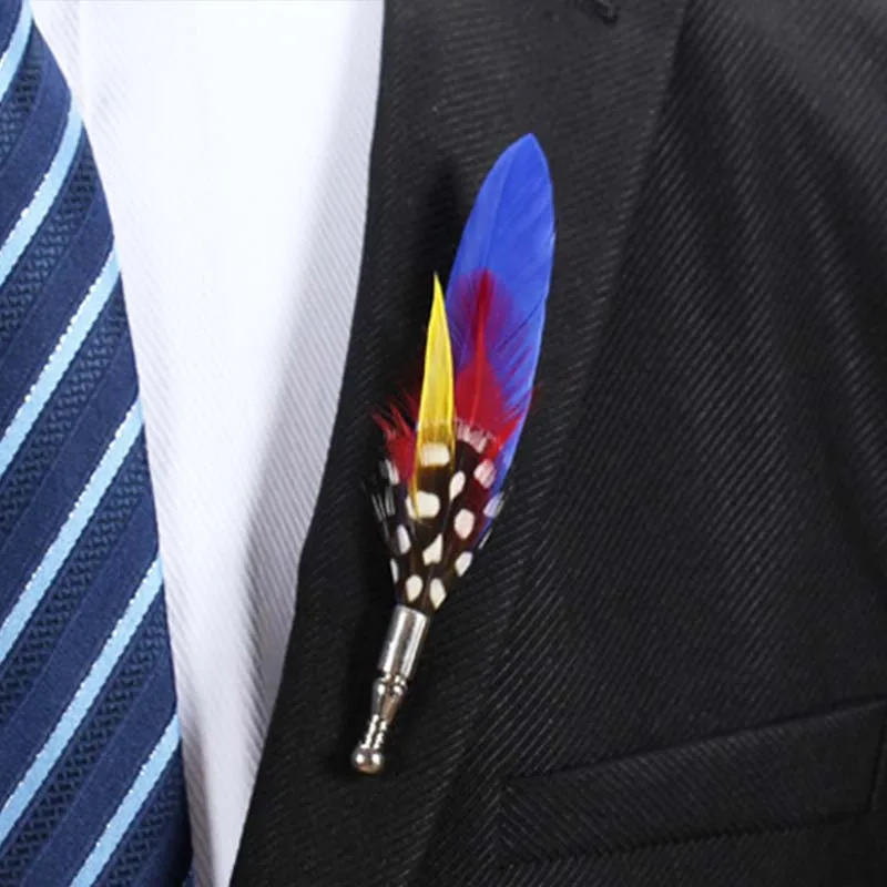 Man Feather Hat Brooch Lapel Pin 
