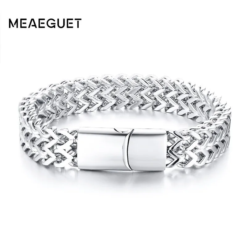 Мужской серебряный браслет-цепочка, двойное звено, Плетеный, нержавеющая сталь, магнитная пряжка, Панк ювелирные изделия