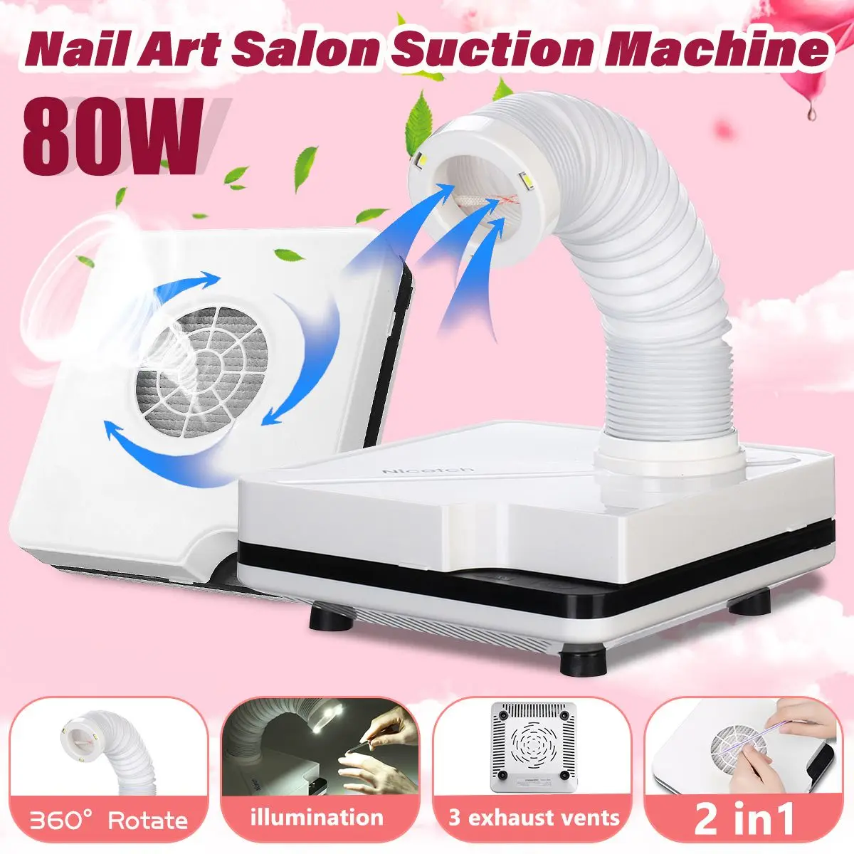 

80W Nail Dust Collector Suction Retractable Nail Vacuum Cleaner Fan Manicure Tool Art Salon Machine with 3 LED
