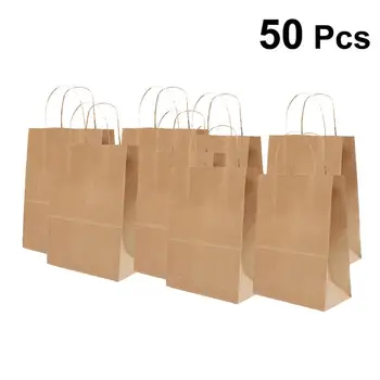 

50 Pcs Kraft Paper Bag Sturdy No Printed Solid Color Wine Packing Bags Gift Bags with Handle for Reception Mechandise Party