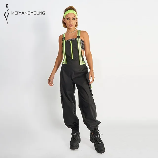 Fluorescent Strip Jumpsuit For Women Adjustable Romper Streetwear Overalls Autumn Jumpsuit