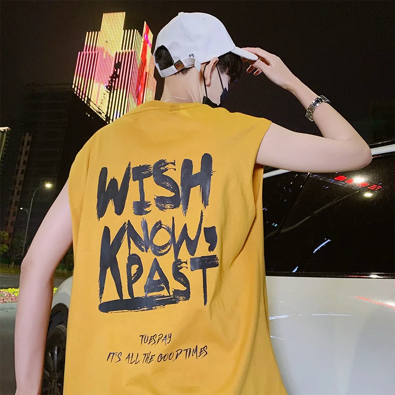 

Men's Sweatshirt Vest 2019 Summer New Port Wind Loose Cotton Round Neck Sports Running Vest Personality Casual Men's Clothing