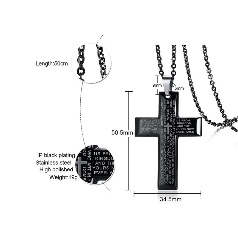 Мужская Библейская подвеска с крестом из нержавеющей стали в черном и серебряном
