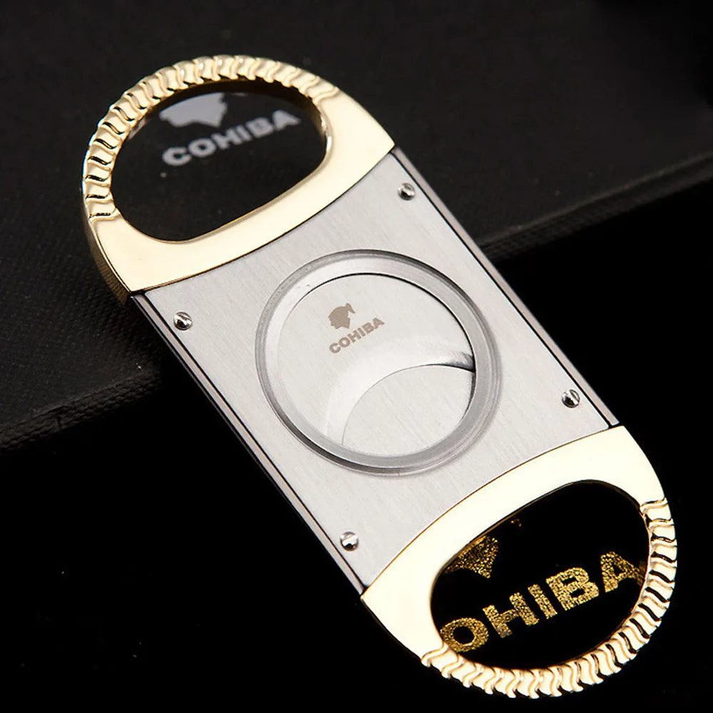 

COHIBA Double Blades Gold Plated Cigar Cutter Stainless Steel Pocket Zigarre Cigarette Knife Cuban Smoking Accessories 350FH