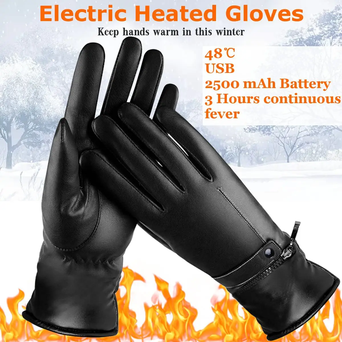

2500mAh Battery Electric Heated Hand Winter Warm Gloves Black Waterproof Leather Skiing Gloves Rechargeable Sport Hand Warmer