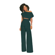 2019 Runway Women One Shoulder Crop Top Solid Pants Sets Summer Short Sleeve Crop Top Wide Leg Trousers 2 PCs Lace Up Outfits zip up cutwork lace crop top
